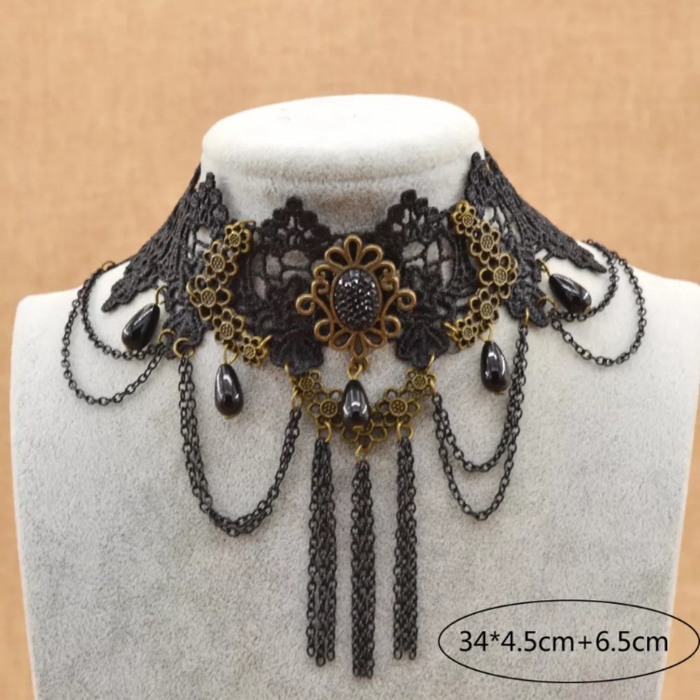 Black Lace, chains & beads Choker Necklace